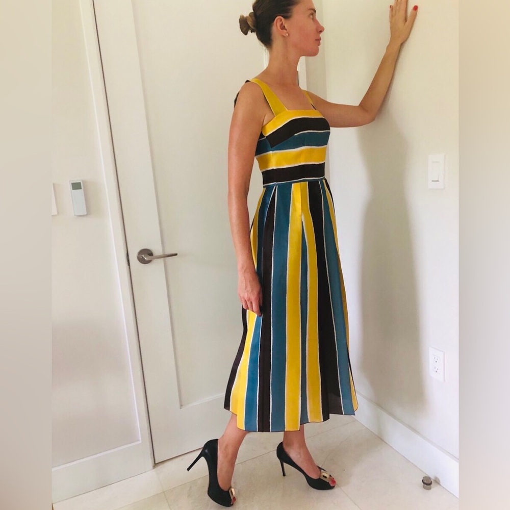 GIFTABLE Dolce & Gabbana Yellow, Teal & Brown Striped Midi Dress Size 40 - Picture 3 of 10